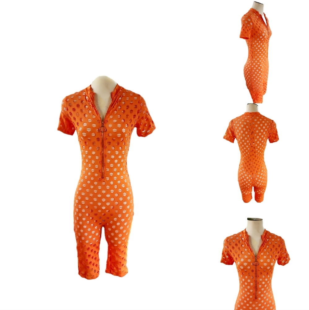 Orange Fishnet Zip Front Romper Size Small